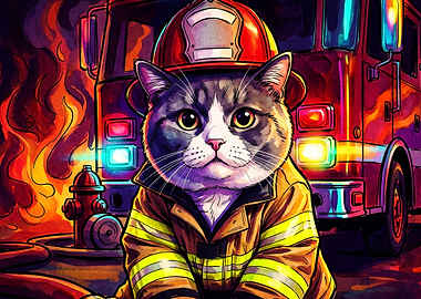 Firefighter Cat Hero Art Poster