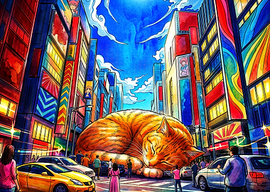 Giant Cat Tokyo City Anime Art