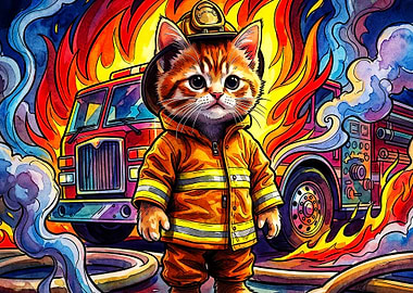 Firefighter Cat Watercolor Poster