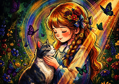 Girl Cat Butterfly Rainbow Art