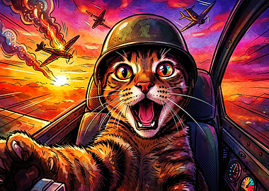 Cat Pilot War Fighter Jet Art