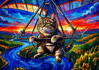 Cat Hang Glider Colorful Art Poster