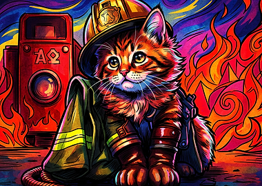 Firefighter Cat Psychedelic Poster