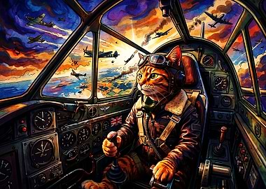 Cat Pilot Aviation War Watercolor A