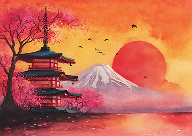Watercolor Pagoda and Mount Fuji Sunset