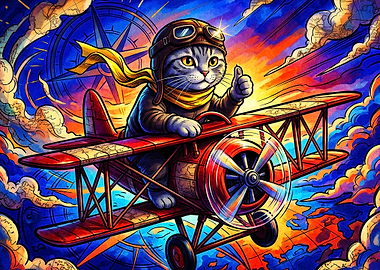 Cat Pilot Biplane Retro Art