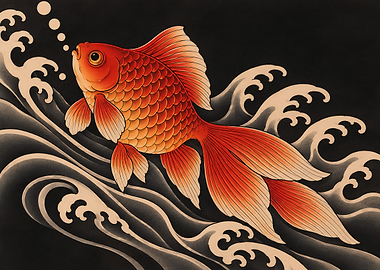 Goldfish Rising Waves – Vermilion Irezumi Ukiyo-e Art
