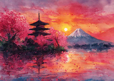 Watercolor Mount Fuji and Pagoda Sunset