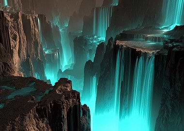 Bioluminescent Waterfall Canyon Landscape