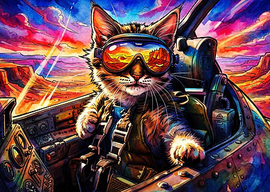 Cat Pilot Fighter Jet Watercolor Ar