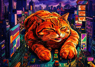 Giant Cat City Neon Anime Poster