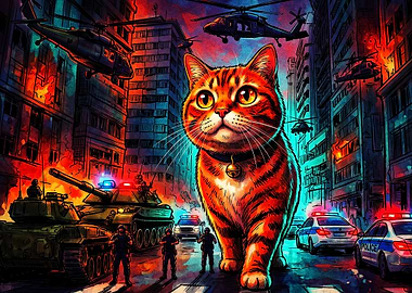 Giant Cat War City Retro Art
