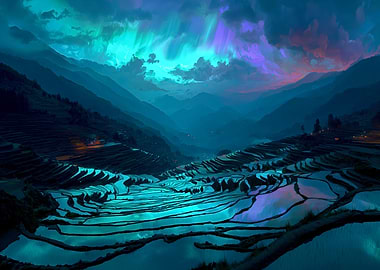 Bioluminescent Rice Terraces Under Aurora