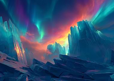 Aurora Borealis Over Frozen Ice Peaks