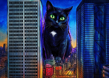 Giant Cat City Kaiju Neon Art