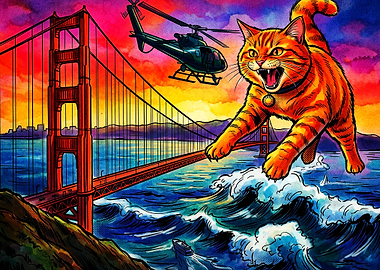 Giant Cat Bridge Attack Retro Art
