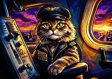 Cat Pilot Airplane Sunset Art Poste