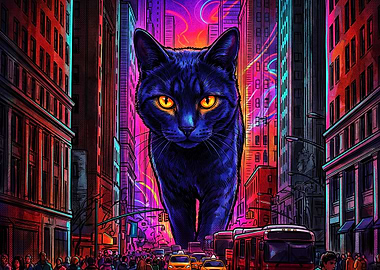 Cyberpunk Cat City Neon Poster Art