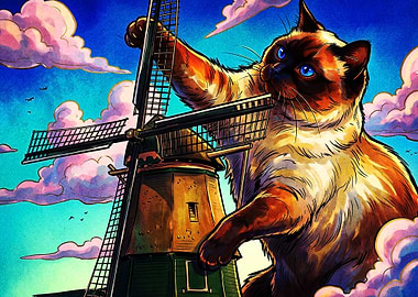 Giant Cat Windmill Surreal Art
