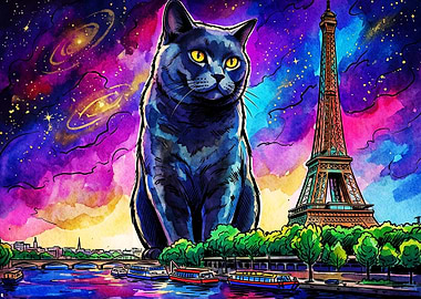 Cat Paris Galaxy Watercolor Art