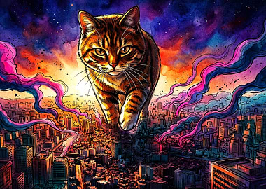 Giant Cat City Attack Watercolor Ar
