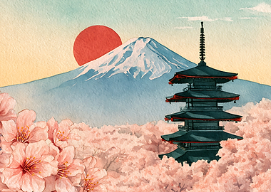 Mount Fuji and Pagoda with Cherry Blossoms