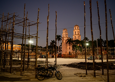 Colonial Church at Dusk with Scaffolding