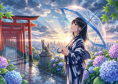 Anime Girl in Yukata with Hydrangeas