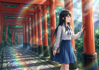 Anime Girl Walking Through Torii Gates