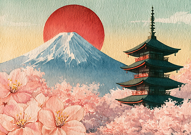 Mount Fuji and Pagoda Watercolor