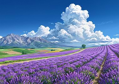 Vibrant Lavender Field Under Mountain Peaks