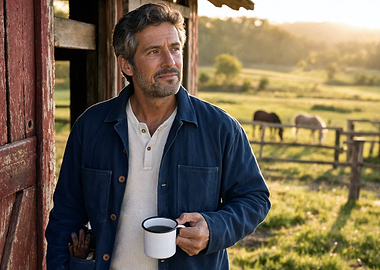 Man Drinking Coffee on Farm