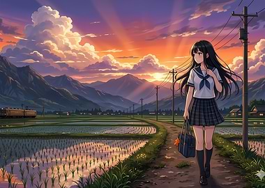 Anime Girl Walking Through Rice Fields