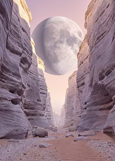 Giant Moon Over Alien Canyon, metal print by Isla Elsewhere