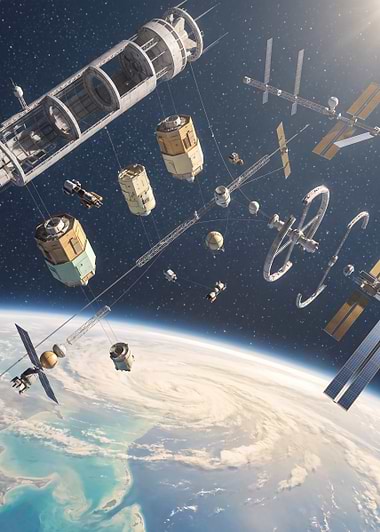 Orbital Habitats Above a Blue Planet, metal print by Isla Elsewhere