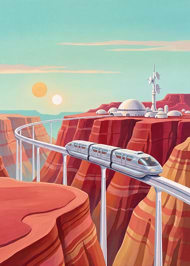 Monorail Across a Crimson Mesa, metal print by Isla Elsewhere