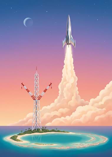 Retro Rocket Launch From Island Tower, metal print by Isla Elsewhere