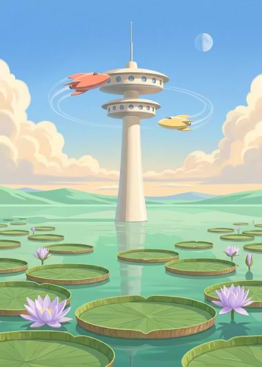 Retro Weather Tower Over Jade Lake, metal print by Isla Elsewhere
