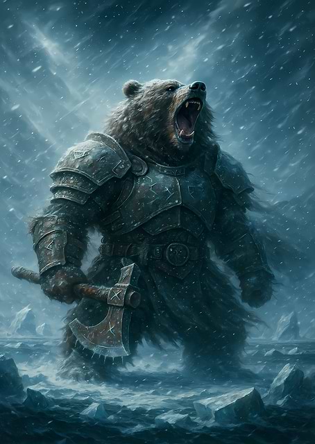 Armored Bear Warrior in Snowy Landscape / platina