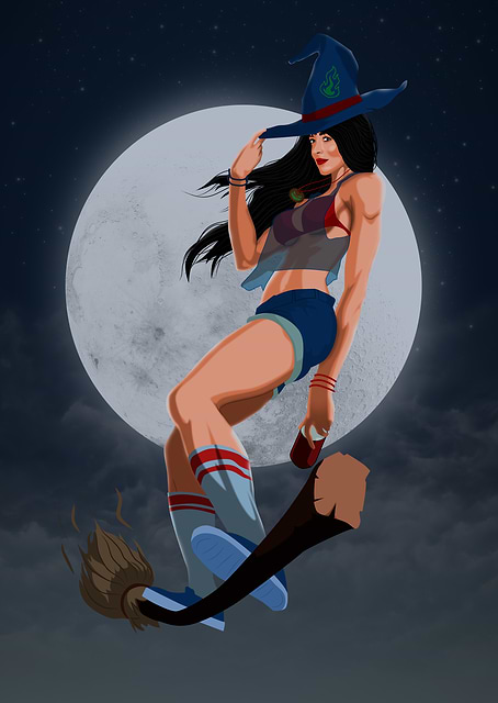 Modern Witch Flying on Broomstick / platina