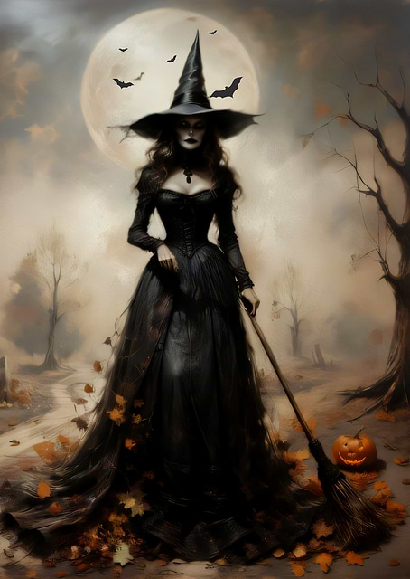 Elegant Witch with Broom and Pumpkin / platina