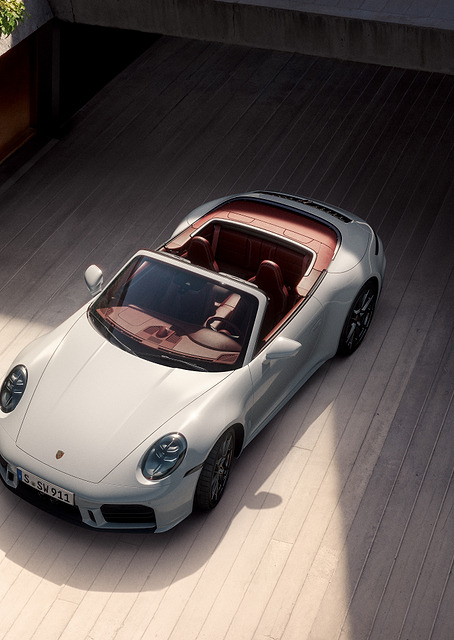 Sleek White Porsche in Architectural Garage / PLATINA