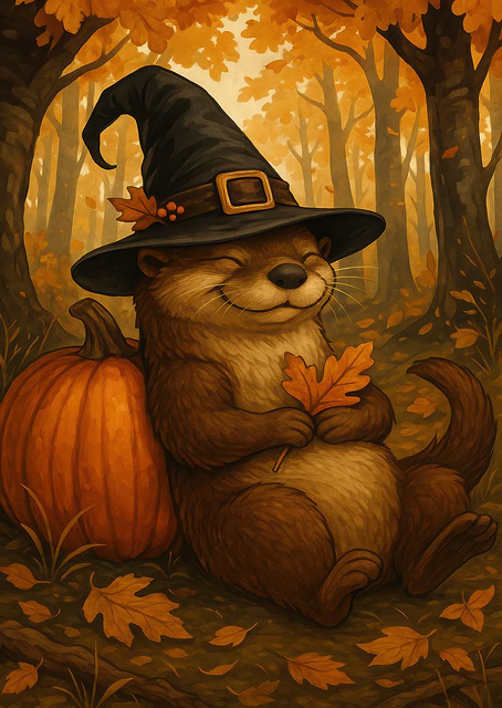 Otter Witch with Pumpkin in Autumn / platina