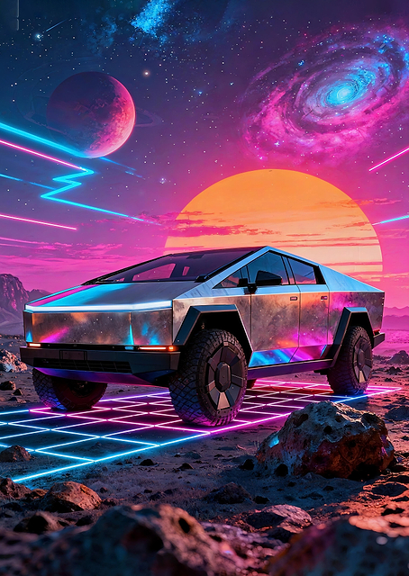 Cyberpunk Cybertruck in a Retro Landscape / PLATINA