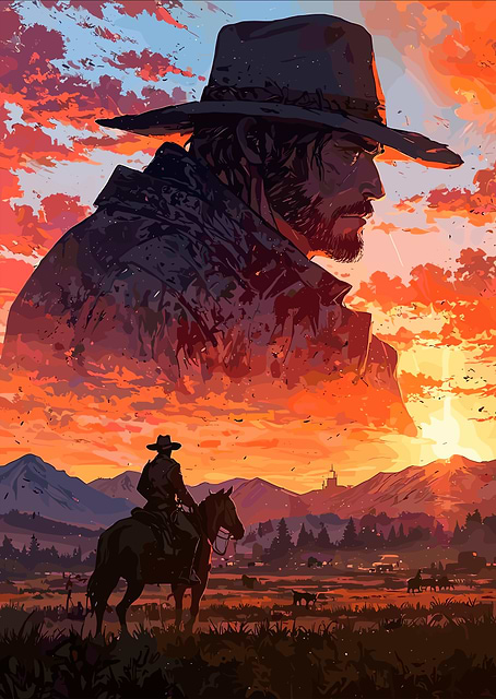 Western Cowboy Sunset Pixel Art / platina