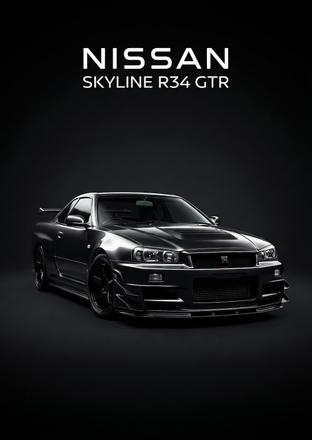 black Nissan Skyline R34 GTR Car poster / PLATINA
