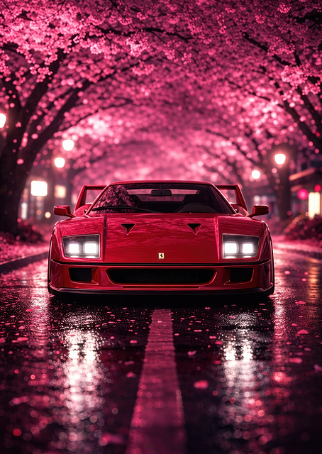 Red Ferrari under Cherry Blossoms / PLATINA