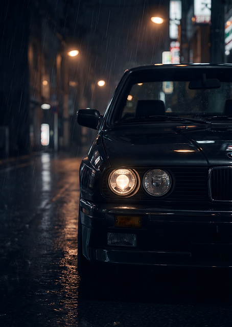 Car BMW E30 Dark Rainy Night / PLATINA