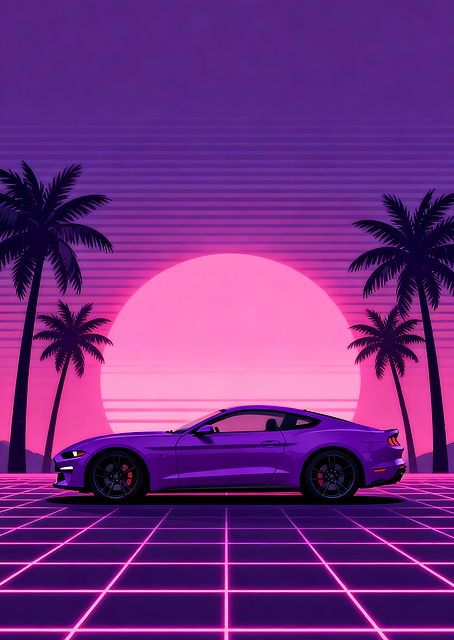 Purple Sport Car on Retro Grid / PLATINA