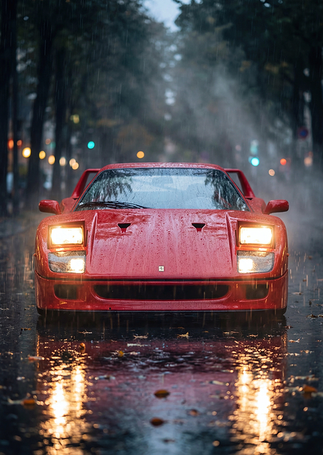 Red Ferrari F40 in the Rain / PLATINA